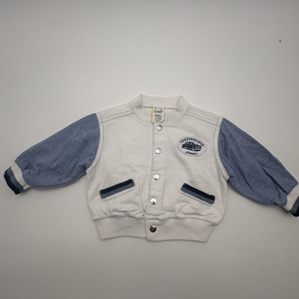 Vintage Odet Jacket Boys 12-18M White‎ Blue Varsity Car Snap Front Classic